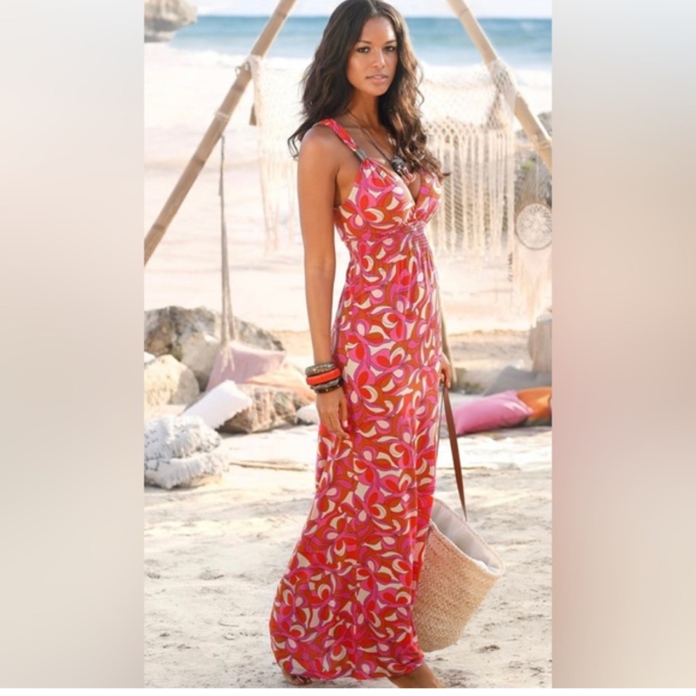 VENUS Vibrant Red, Pink, Orange and White Maxi Dress